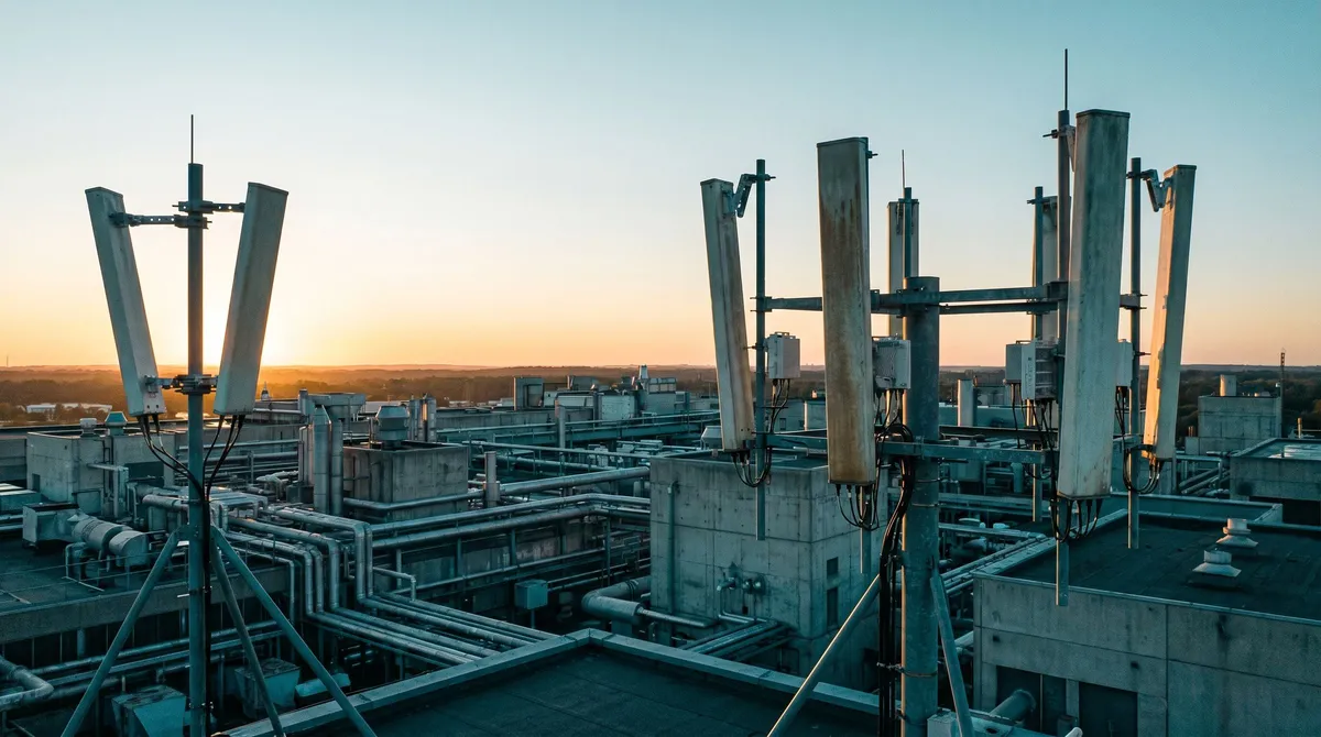 Antennen-Array auf einem Dach vor weitem Himmel — Sinnbild für Mobilfunk-Konnektivität.