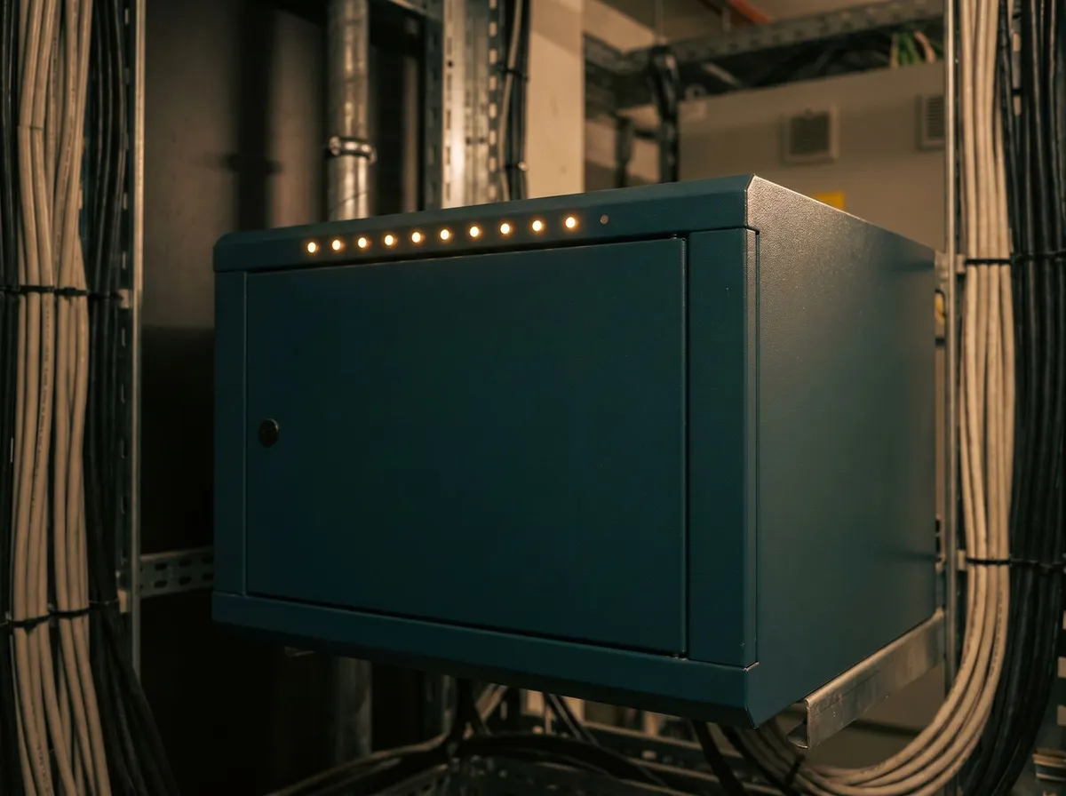 Edge-Geräteschrank mit Statusleuchten — Sinnbild für kompakte vernetzte Hardware.
