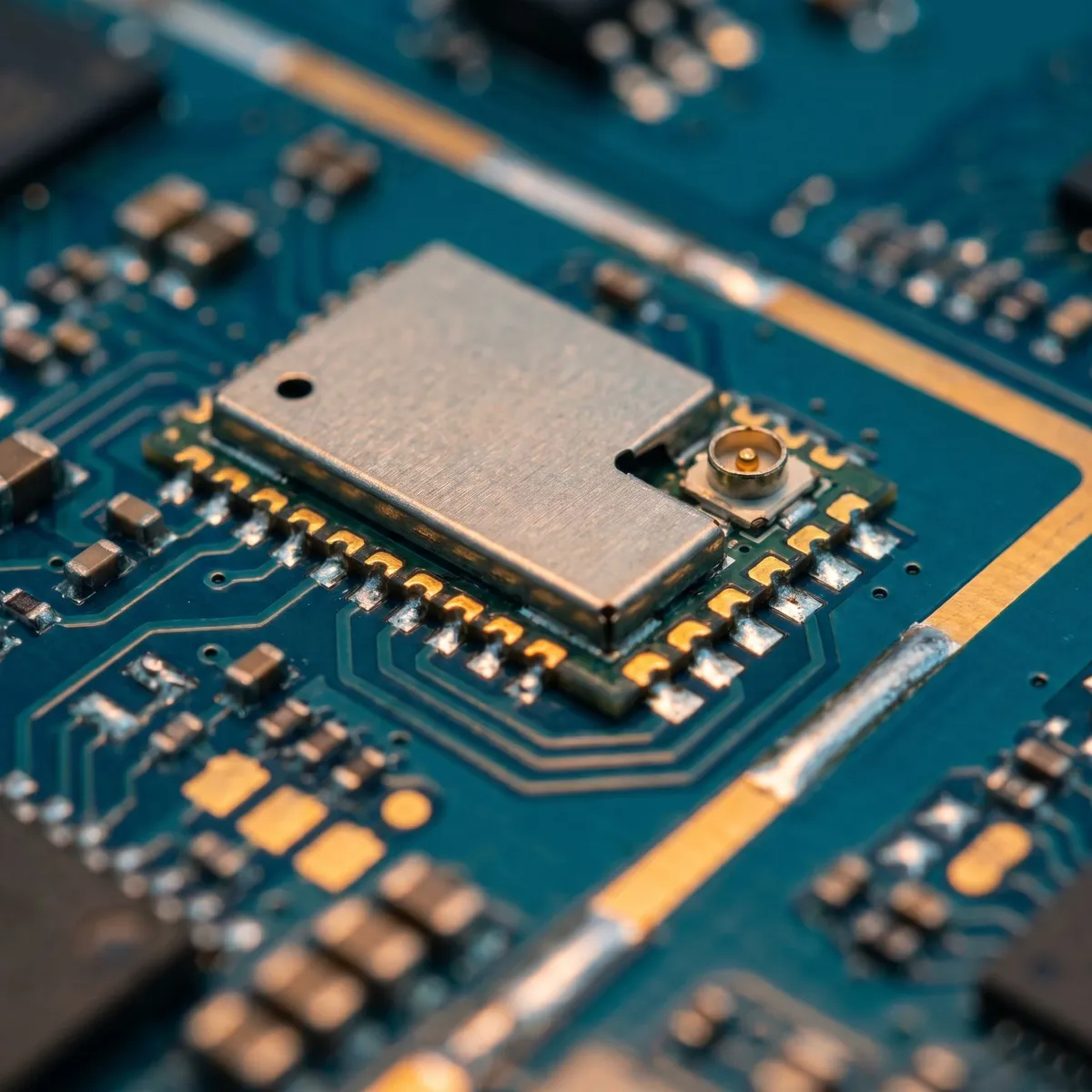 Makroaufnahme einer Leiterplatte mit Funkmodul — Sinnbild für integrierte IoT-Hardware.