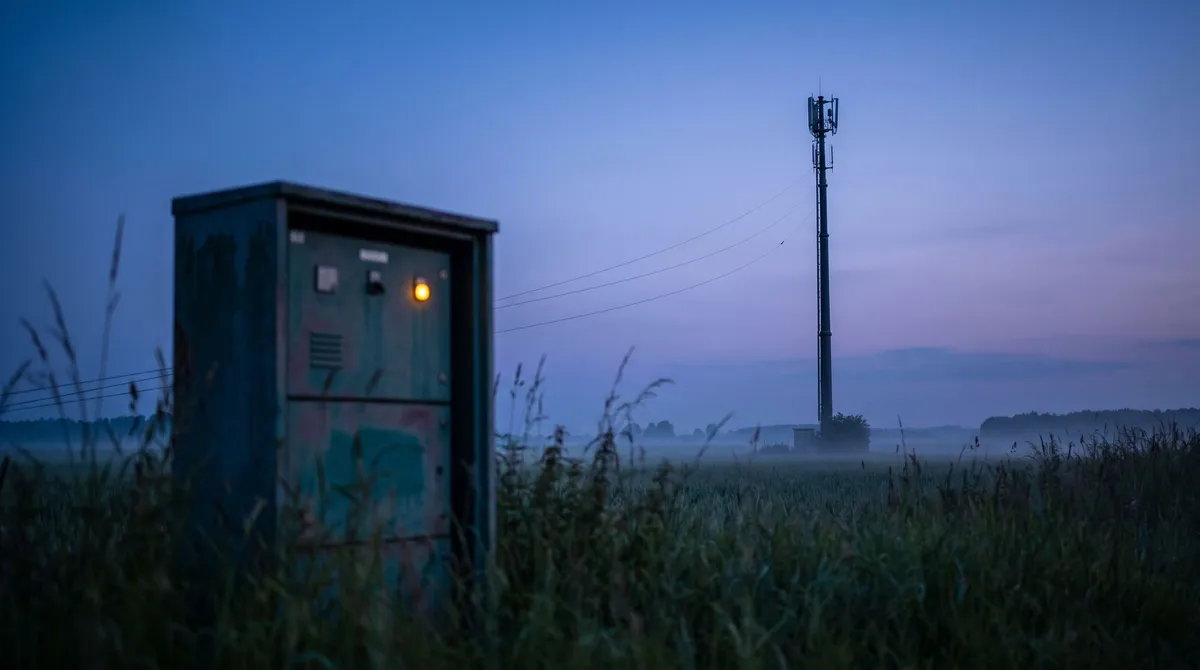 Mobilfunkmasten in einem Feld im Morgennebel — Sinnbild für LPWAN-Funkversorgung.